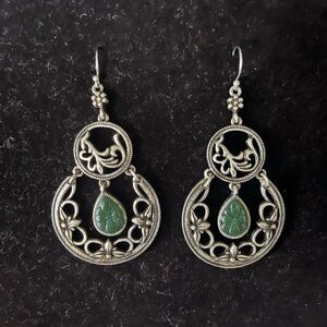 Emerald Relic Earrings — Y2K Baroque Revival — Silver Filigree Drops